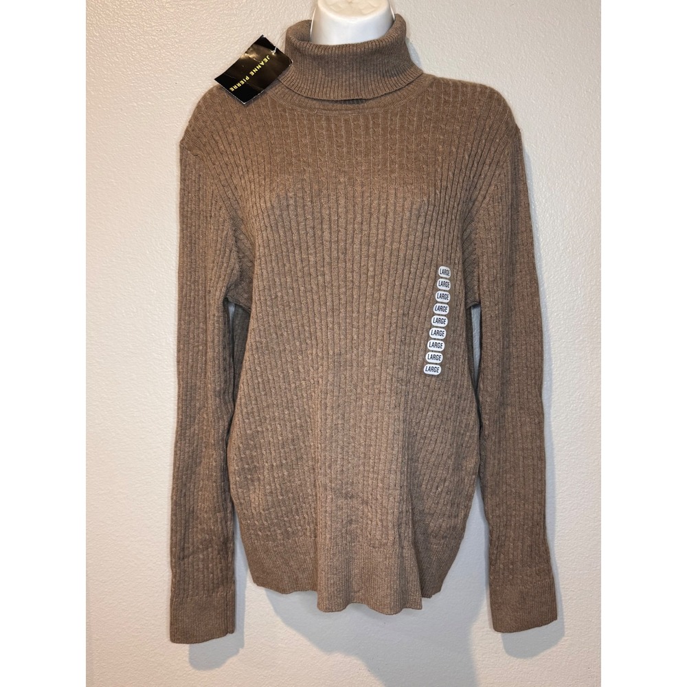 NWT Jeanne Pierre Womens Ribbed Turtleneck Sweater Large Beige Tan  Cotton Knit